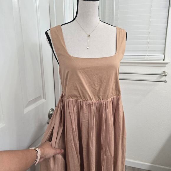 NWT Women's Midi Dress Sz S Tan Smocked Back Cottagecore Earth Tone Clean girl - Picture 2 of 10